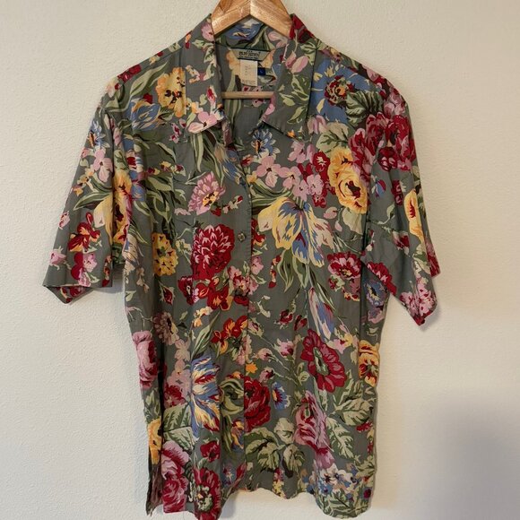 Ruff Hewn Cotton Tropical Floral Set Button Down Blouse AND Wrap Skirt Size L/16 - Picture 2 of 14